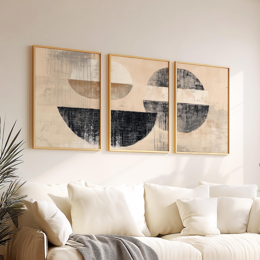Neutral Geometric Triptych Wall Art Set of 3 | Beige Black Half Circle ...