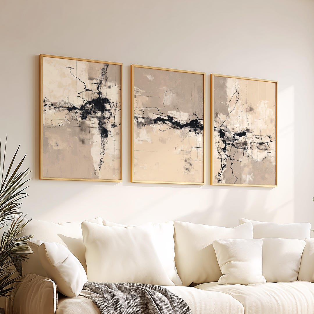 Beige Black Abstract Triptych Wall Art Set of 3, Textured Neutral ...