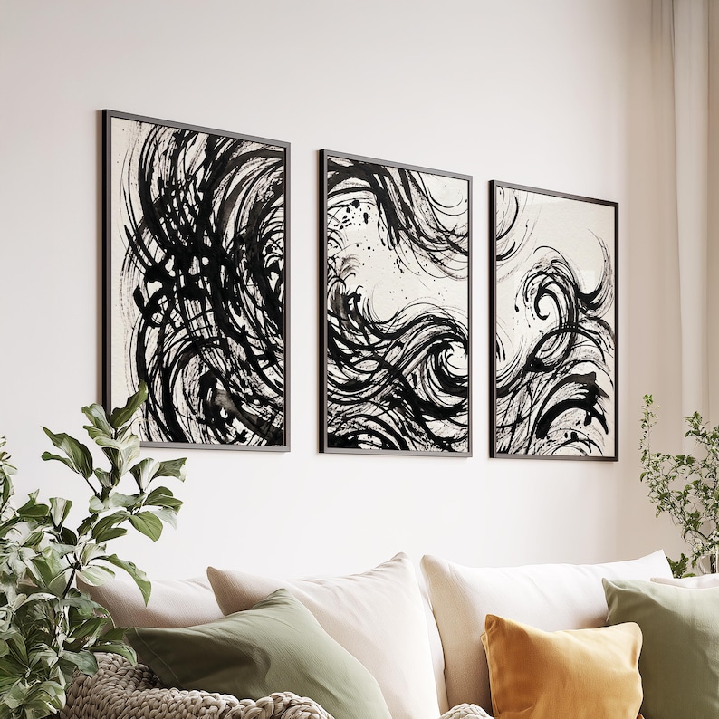 Wavy Wall Cladding Pattern Black White Abstract Wave Wall Art Set of 3, Dynamic Ink Brush Triptych ...
