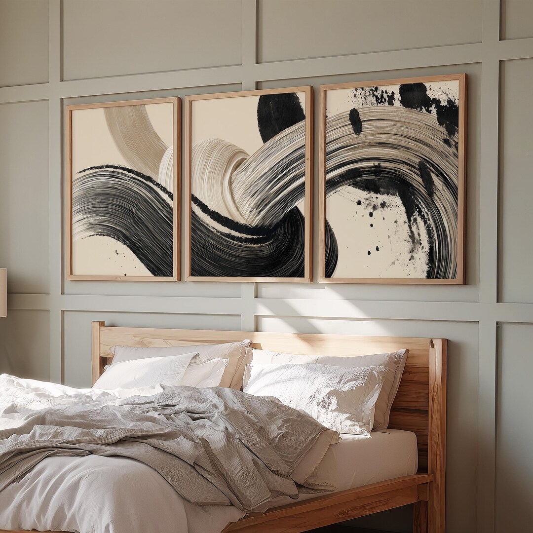 Black Neutral Abstract Wall Art Set of 3, Modern Brushstroke Canvas ...