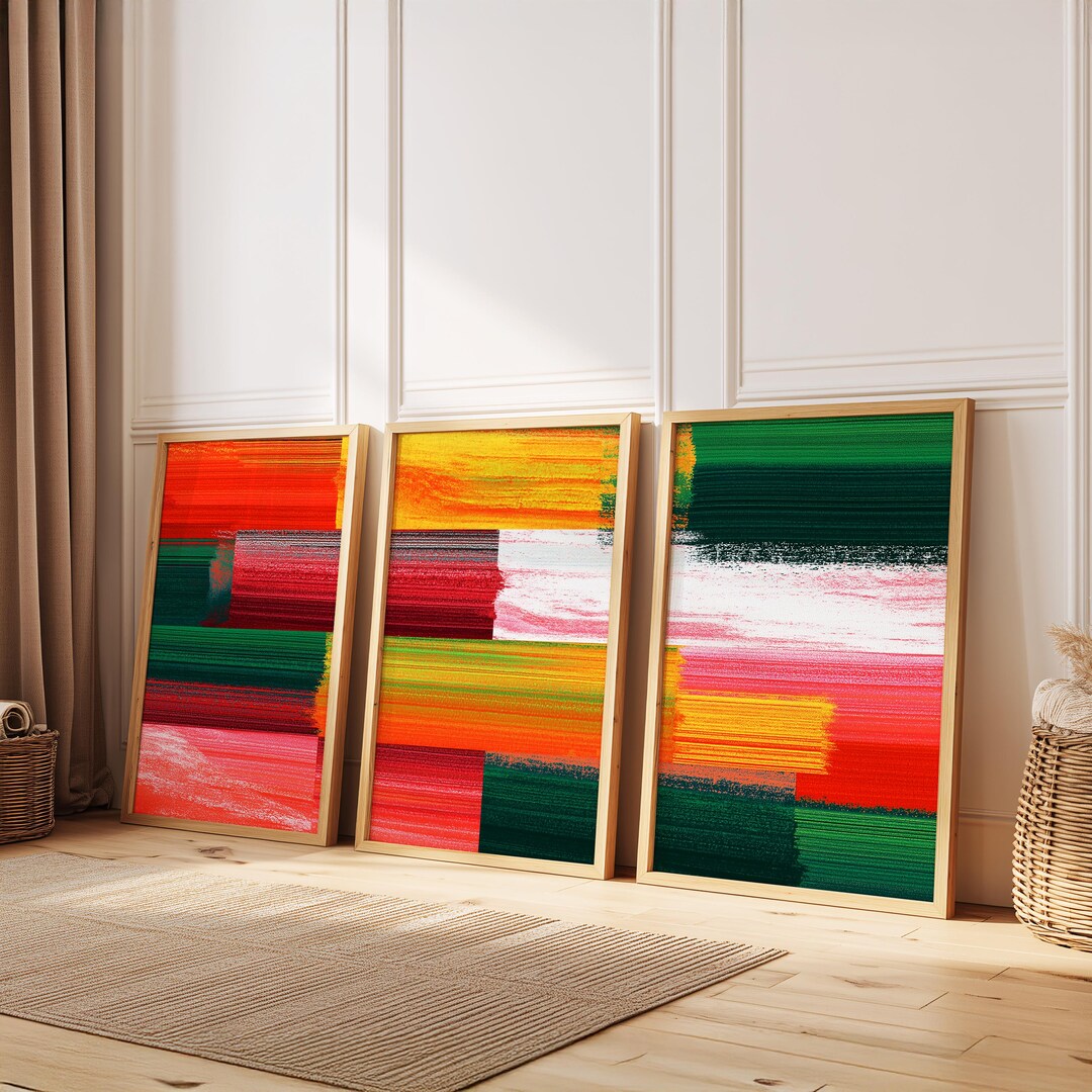 Colorful Abstract Triptych Wall Art Set of 3, Red Green Yellow Prints ...