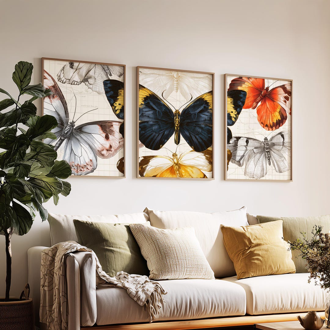Butterfly Wall Art Set of 3 Poster Prints A2 A3 A4 A5, Vintage Insect ...