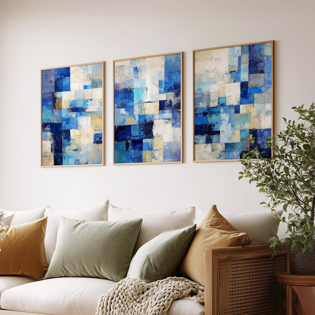 Set of 3 Prints · Blue Abstract Wall Art · Coastal Modern Geometric ...