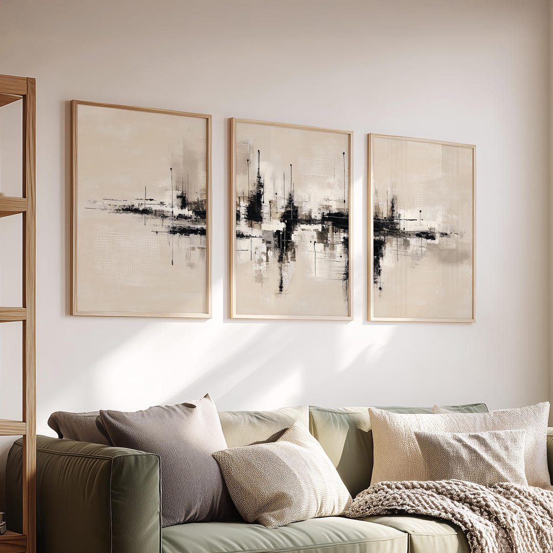 Neutral Abstract Triptych Wall Art Set of 3, Beige Black Minimal Prints ...