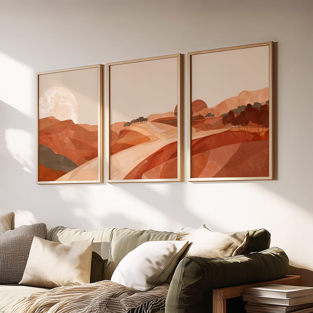 Terracotta Landscape Triptych Wall Art Set of 3 | Desert Hills Prints ...