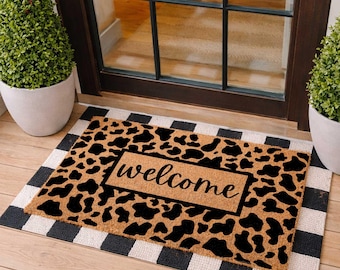 Boho Cow Print Doormat, Boho Decor, Cow Print, Boho Mat, Welcome Front Door Mat, Outdoor Porch Decor, Welcome Doormat, Farmhouse Decor