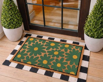 Blommig dörrmatta, 50-talsmodern stil, snygg entrédekor, blomsterdesign, heminredning, inflyttningspresent, dörrmatta, hempresent