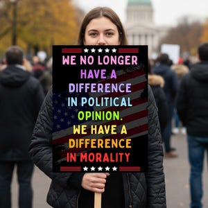 Skylt mot Trump-aktivist, banderoll för skillnad i moral, skylt för vänsterprotest, skylt för anti-Maga, affisch för ingen kung, ingen is, demonstration 28 mars