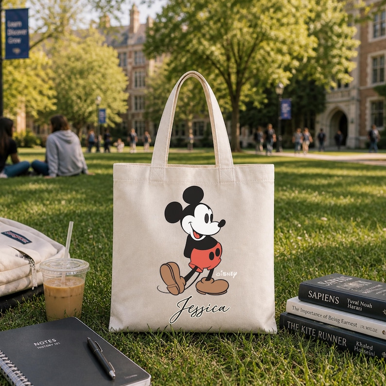 May include: A beige canvas tote bag featuring a classic Mickey Mouse design with the name "Jessica" in script. The bag has a black and red Mickey Mouse graphic and is ideal for carrying books and other items.