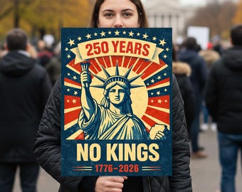 No Kings in America 250 Years Protest Sign, 1776–2026 Patriotic 250 Anniversary 28 March Sign, Anti-Trump Resistance Activist Poster