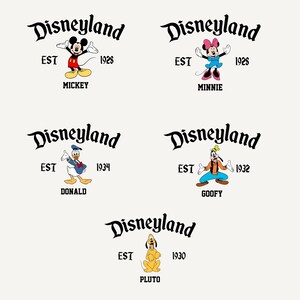 May include: Five Disneyland logos featuring Mickey Mouse, Minnie Mouse, Donald Duck, Goofy, and Pluto. Each logo includes the Disneyland name, the year of establishment, and the character's name.