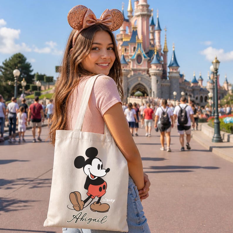 May include: A beige canvas tote bag featuring a classic Mickey Mouse illustration in black, red, and white. The bag has the name "Abigail" in script and the Disney logo. The background shows a theme park with a castle.