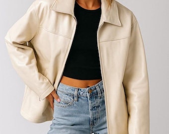 Women’s White Leather Biker Jacket – Classic Motorcycle Style, Slim Fit, Real Leather Jacket