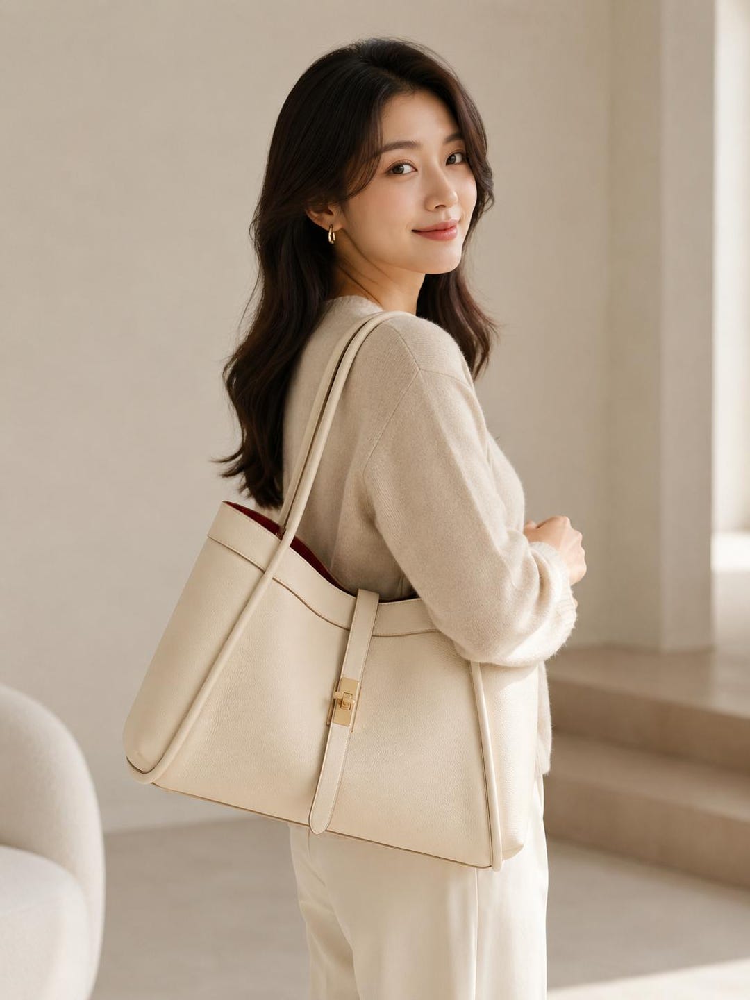 Luxury Cream Leather Tote Bag – Minimalist Elegant Shoulder Handbag ...
