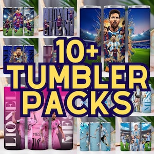 Könnte beinhalten: Eine Sammlung von Edelstahlbechern mit Bildern eines Fußballspielers. Die Becher haben verschiedene Designs, darunter Actionaufnahmen, Porträts und Teamlogos. Der Text "10+ TUMBLER PACKS" wird in großen Buchstaben angezeigt.