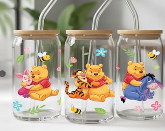 Lindos amigos osos, diseño PNG para lata de vidrio de 16 oz / Diseño de sublimación de taza Libbey con abejas, flores y dibujos animados con temática de cerdito, tigre y burro.