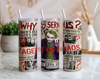Chaos Clown Villain Tumbler Wrap – Bicchiere sottile da 20 oz PNG, design per sublimazione Dark Newspaper Crime Collage, download digitale