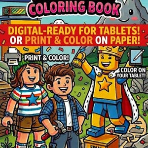 May include: A vibrant cover for a "Creative Adventure Coloring Book" with cartoon illustrations and text. The cover includes the text "Digital-Ready for Tablets! Or Print & Color on Paper!" and "50 Unique Pages!"