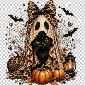 May include: A black cat wearing a leopard print ghost costume with a large bow on top. The design includes orange pumpkins, a lit lantern, spider webs, bats, and small leopard print hearts against a transparent background.