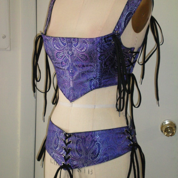 Renaissance Midriff Bodice and Hip Belt - Purple/Silver Brocade