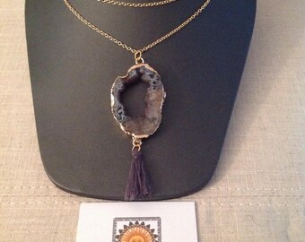 14K Gold Filled Dark Gray Druzy Tassel Necklace/Gift/Present/Trending/Fashion/Pendant