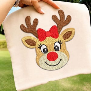 Christmas Girl Reindeer Embroidery Design, Cute Reindeer with Red Bow Machine Embroidery File, Holiday Rudolph Applique, Xmas Deer Face