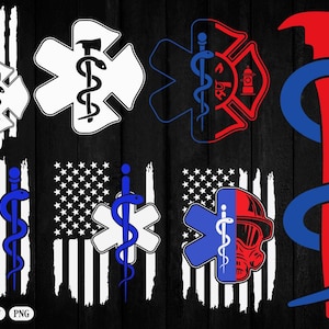 Könnte beinhalten: Eine Sammlung von Vektorgrafiken mit Symbolen des Rettungsdienstes und der Feuerwehr. Designs umfassen den Star of Life, einen Feuerwehrhelm und eine Axt, in Rot, Weiß und Blau, mit einem amerikanischen Flaggenmotiv.