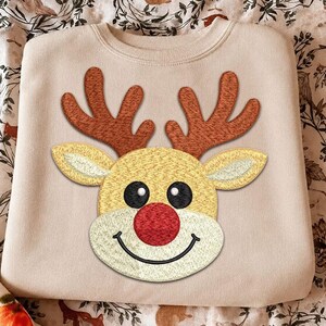 Cute Reindeer Embroidery Design, Christmas Reindeer Face Machine Embroidery File, Red Nose Reindeer Applique, Holiday Shirt