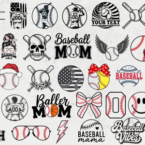May include: A collection of baseball-themed graphics in black, white, red, and yellow. Designs include baseballs, bats, text, and illustrations of players, skulls, and bows. Some designs feature the text "Baseball Mom", "Game Day", and "Baseball Vibes".