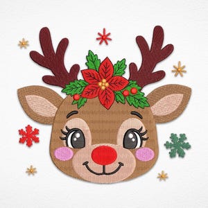 May include: An embroidered patch of a reindeer head with dark brown antlers, a bright red nose, pink cheeks, and large eyes. The reindeer is adorned with a red poinsettia flower and green leaves on its head, surrounded by small red and green snowflakes.