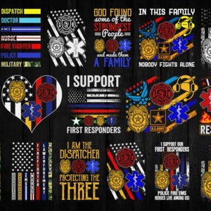 Puede incluir: Una colección de diseños patrióticos con banderas americanas, insignias y texto. Los diseños incluyen frases como "I Support First Responders" y "In This Family Nobody Fights Alone". Los colores incluyen rojo, blanco, azul y dorado.