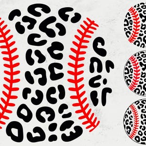 May include: A baseball design featuring a black leopard print pattern with red stitching. The design includes a large baseball and three smaller baseballs with the same pattern. The background is a light beige color.