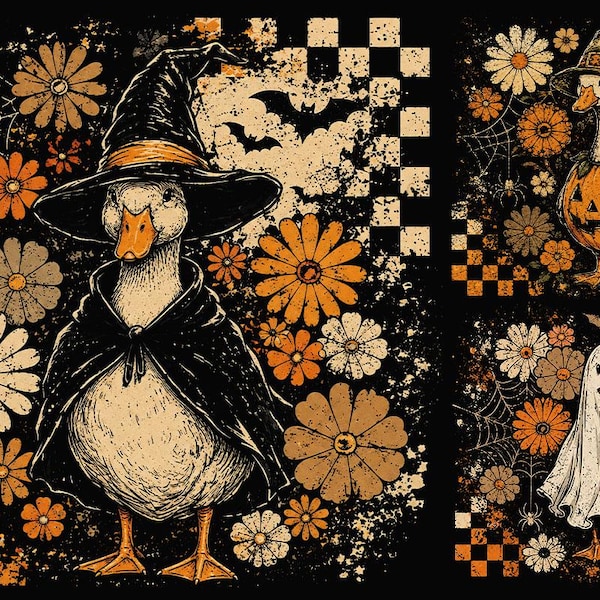 Vintage Halloween Gås PNG-paket Retro Spooky Gås Sublimeringsdesign Häxgås Spökgås Pumpa Anka PNG Halloween-skjortadesign