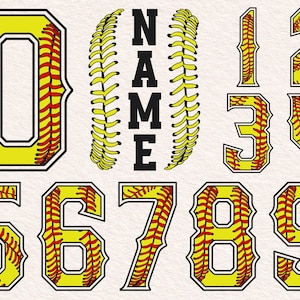 Peut inclure: Une collection de chiffres et d'un graphisme de softball jaunes et rouges. Les chiffres 0 à 9 sont affichés avec un fond jaune, des coutures rouges et un contour blanc et noir. Le mot "NAME" est également affiché en noir.