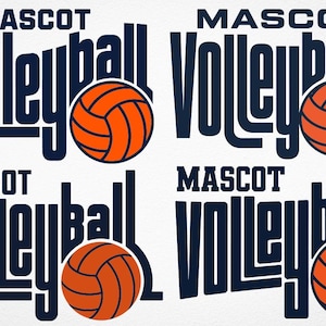 May include: Four graphic designs featuring the dark blue text MASCOT Volleyball arranged in various stylized fonts. Each design incorporates a bright orange volleyball illustration with black seam lines integrated into the typography layout.