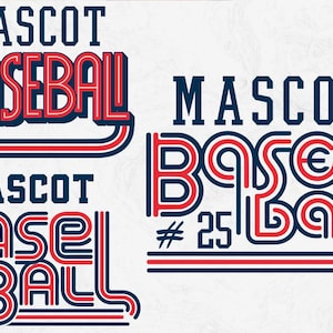Könnte beinhalten: Retro-Design mit den Worten "MASCOT BASEBALL". Der Text ist in Marineblau mit roten und weißen Akzenten gehalten, und die Nummer "25" ist enthalten. Ideal für Sportbekleidung oder -artikel.