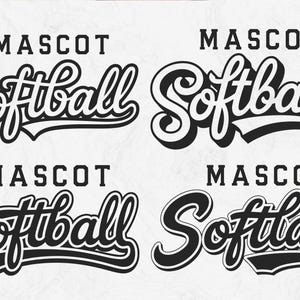 May include: Four black and white softball logo designs. Each design features the word "Softball" in a script font, with the word "Mascot" above it in a block font. The logos are suitable for sports team branding.