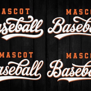Peut inclure: Quatre motifs sur le thème du baseball avec le mot "MASCOT" en lettres orange au-dessus du mot "Baseball" en écriture blanche avec un contour orange. Le fond est un grain de bois foncé.