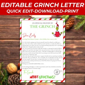 Może przedstawiać: Drukowalny list Grincha z tekstem "Edytowalny list Grincha - Szybka edycja - Pobierz - Drukuj" na górze. List jest obramowany czerwono-zielonymi paskami i zawiera ilustrację Grincha oraz napis "Merry Grinchmas!"