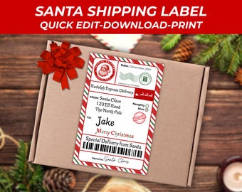 Santa Mail Sticker Label Template, Canva Editable Thermal Label Designs, North Pole Christmas Label Canva Template, Digital Download