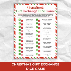 May include: A festive Christmas Gift Exchange Dice Game card with a red and green border. The card features instructions and dice-related actions for a holiday gift exchange. The text "Christmas Gift Exchange Dice Game" is displayed.