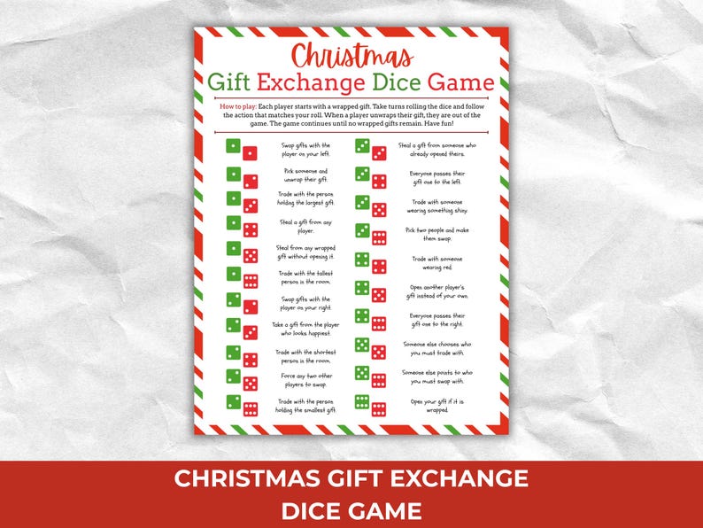 May include: A festive Christmas Gift Exchange Dice Game card with a red and green border. The card features instructions and dice-related actions for a holiday gift exchange. The text "Christmas Gift Exchange Dice Game" is displayed.
