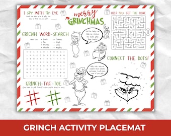 Grinch Activitiy Page Placemat, Kids Grinch Activity, Christmas Holiday Grinchmas, 11x8.5 Printable, Party Games for Children