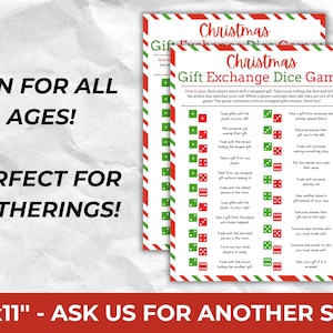 May include: Two Christmas Gift Exchange Dice Game printables. The game instructions are on a white background with red and green borders. The text reads "FUN FOR ALL AGES! PERFECT FOR GATHERINGS!" and "8.5x11" - ASK US FOR ANOTHER SIZE".