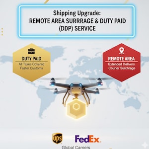 May include: Promotional graphic for shipping upgrades, featuring a drone and package. Text reads "Shipping Upgrade: REMOTE AREA SURRRAGE & DUTY PAID (DDP) SERVICE." Includes "DUTY PAID" and "REMOTE AREA" icons, alongside UPS and FedEx logos.