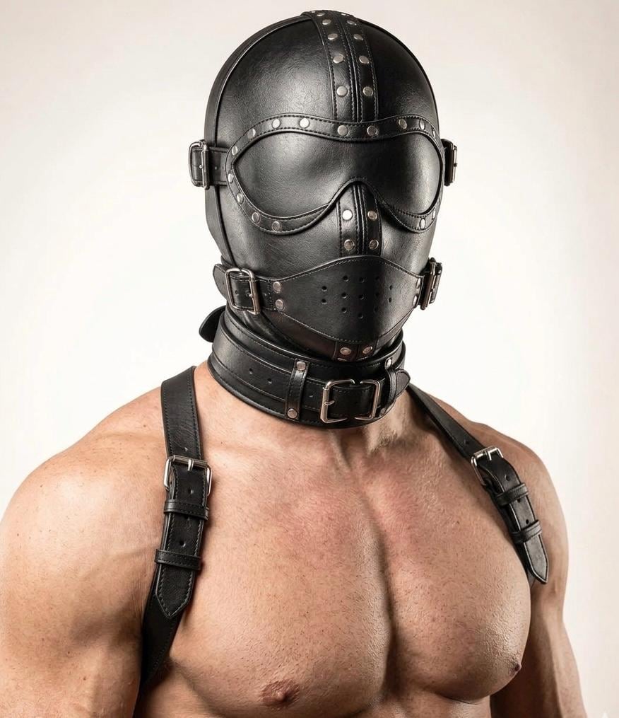 Genuine Leather Full Face Hood Mask – Studded Gothic Headwear | Zipper Mouth Mask, Cyberpunk Cosplay, Sensory Deprivation (Custom Size)