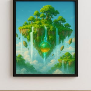 Op de afbeelding: Ingelijste kunstafdruk met een fantasielandschap met zwevende eilanden. Weelderige groene eilanden met watervallen en bomen zweven in de lucht. Een gloeiende bol staat in het midden, met een blauwe lucht en wolken op de achtergrond.