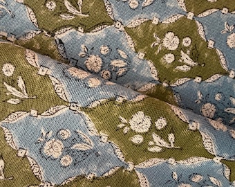 May include: Close-up of a patterned fabric with a repeating design. The pattern features floral and leaf motifs in white against a backdrop of blue and olive green. The fabric is folded, showing texture and depth.