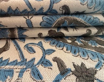 Grey Blue Hand Block Print Cotton Textile | Fabric by the Yard for DIY Sewing| Upholstery Fabric | Vintage, Quilt, Curtain Fabric