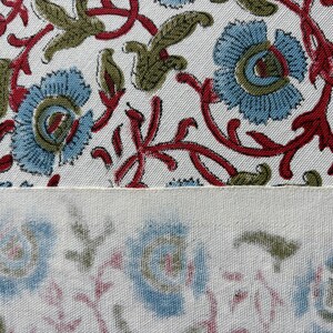 May include: A textile fabric featuring a repeating floral pattern with light blue petals, olive green leaves, and dark red stems on a white background. The lower section shows a faded, muted version of the same floral print on a cream-colored fabric.